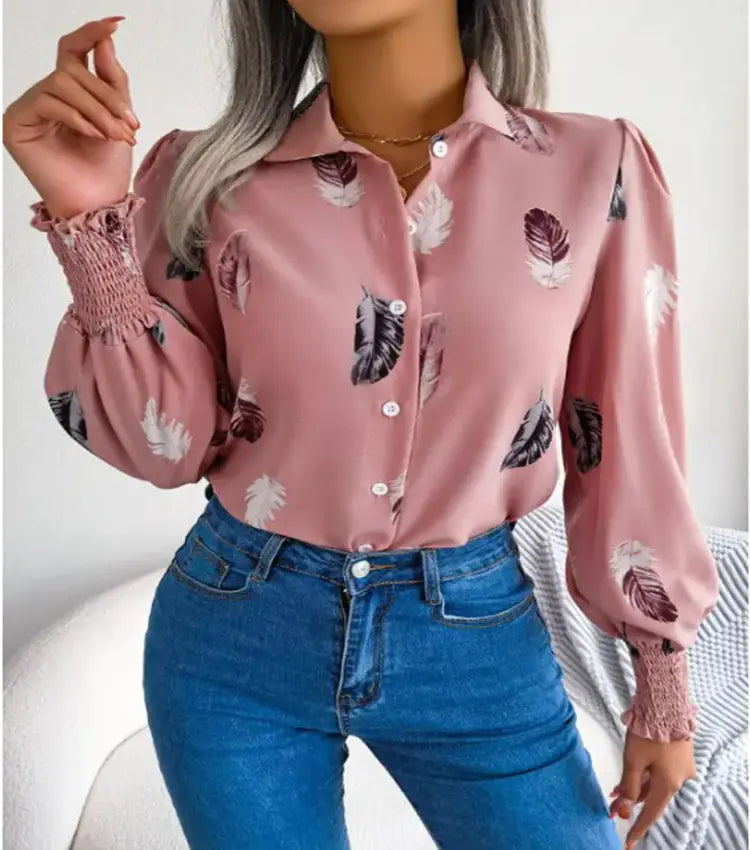 2023 Women's Autumn Winter Feather Print Blouse Shirt