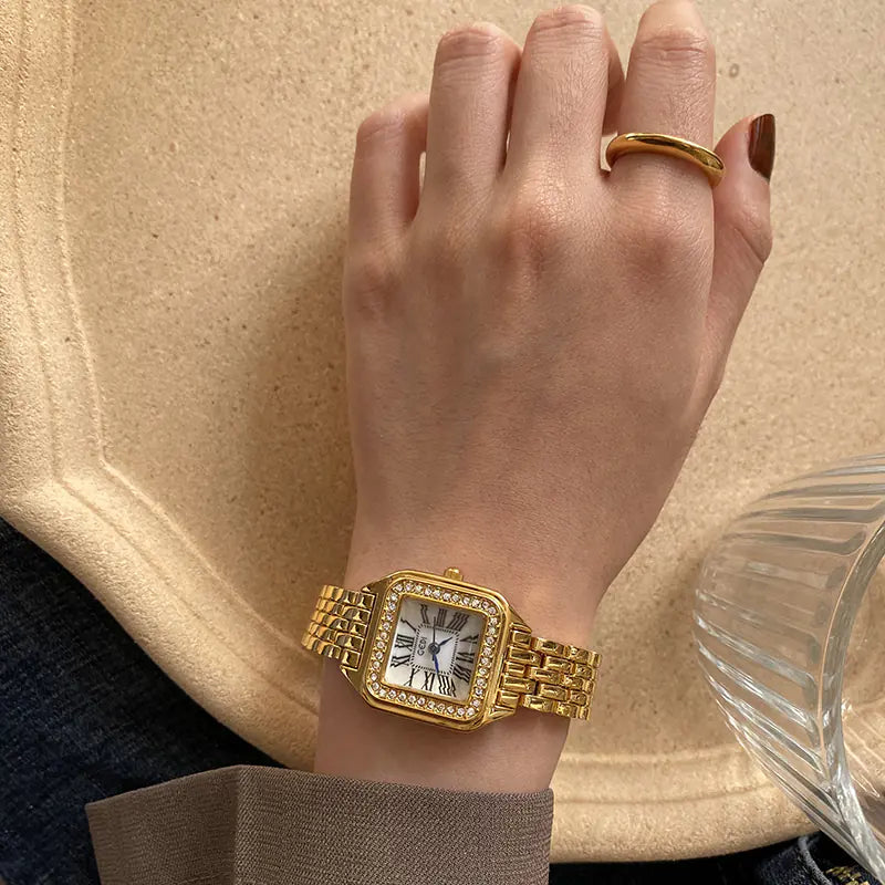 Stylish Retro Square Gold Quartz Watch with Diamonds