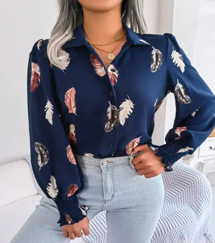 2023 Women's Autumn Winter Feather Print Blouse Shirt