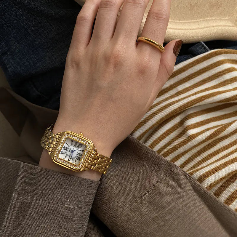 Stylish Retro Square Gold Quartz Watch with Diamonds