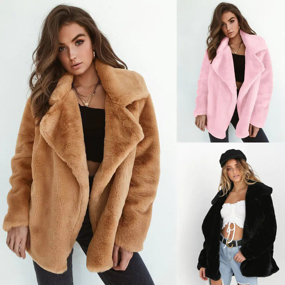 Fashionable Women's Plush Collar Autumn Winter Coat