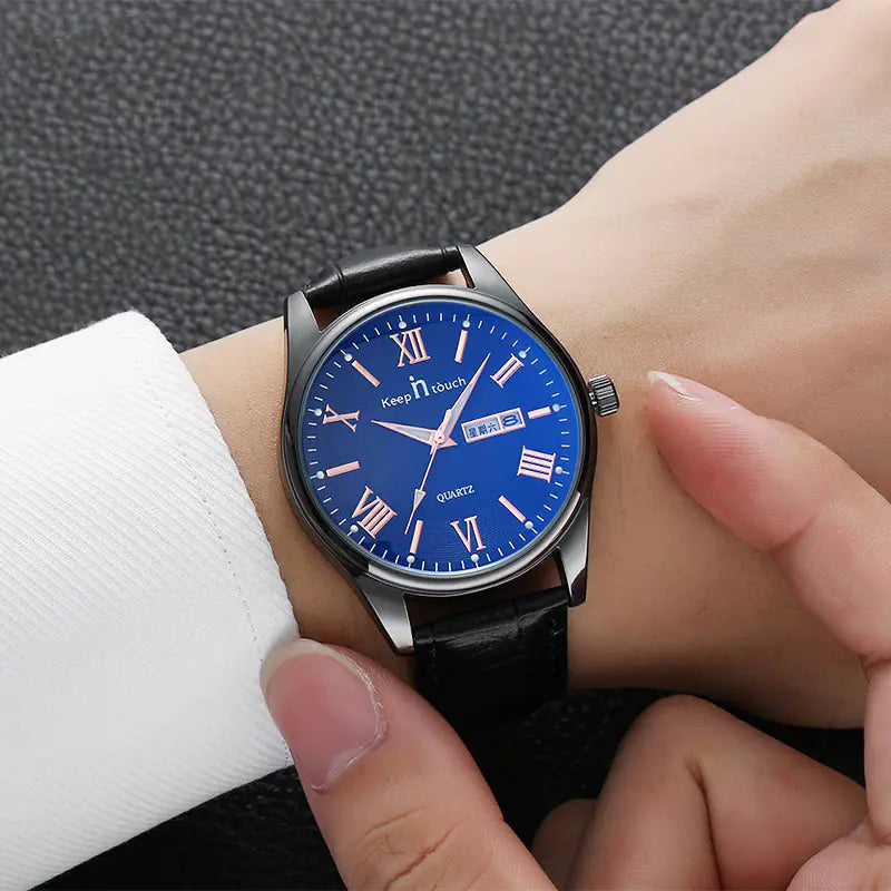 Blue Luminous Dial Black Case Quartz Couple Watch