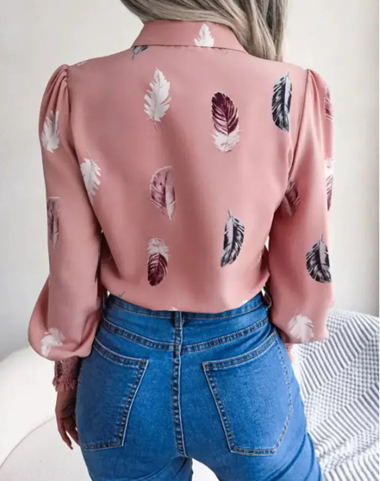 2023 Women's Autumn Winter Feather Print Blouse Shirt