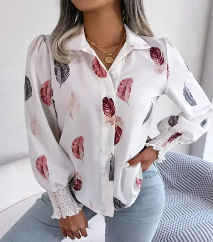 2023 Women's Autumn Winter Feather Print Blouse Shirt
