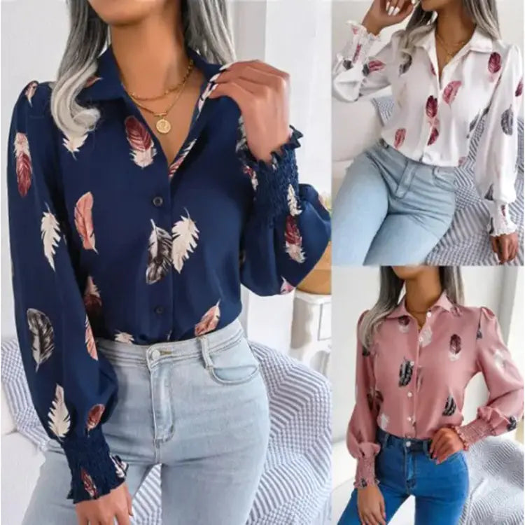 2023 Women's Autumn Winter Feather Print Blouse Shirt