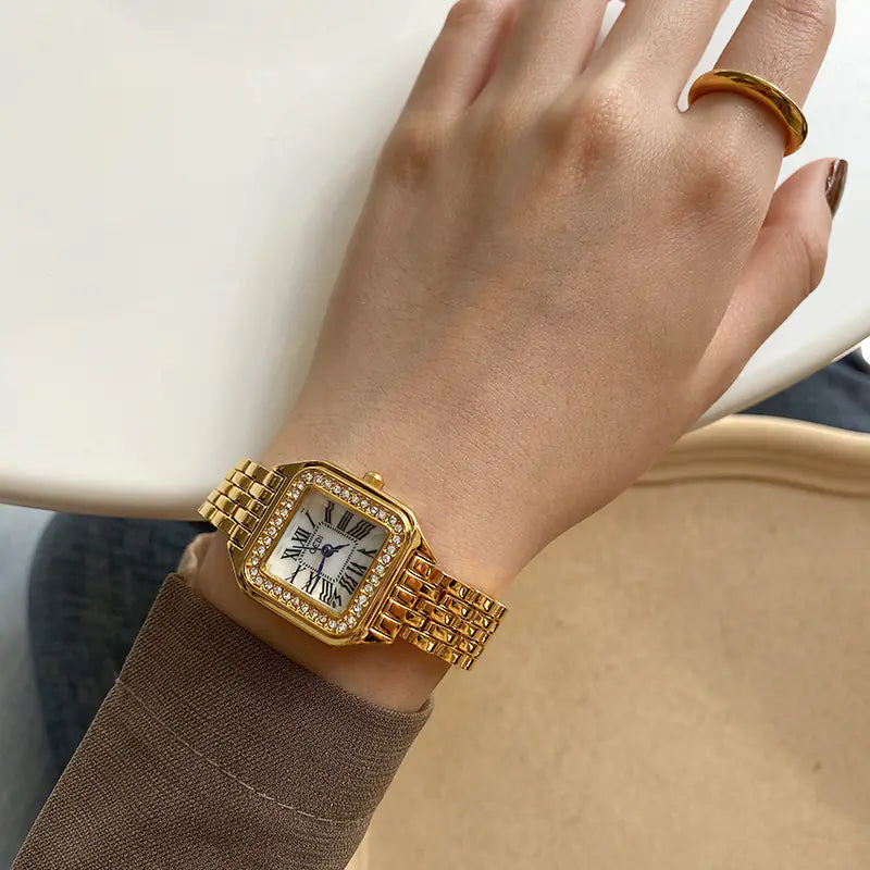 Stylish Retro Square Gold Quartz Watch with Diamonds